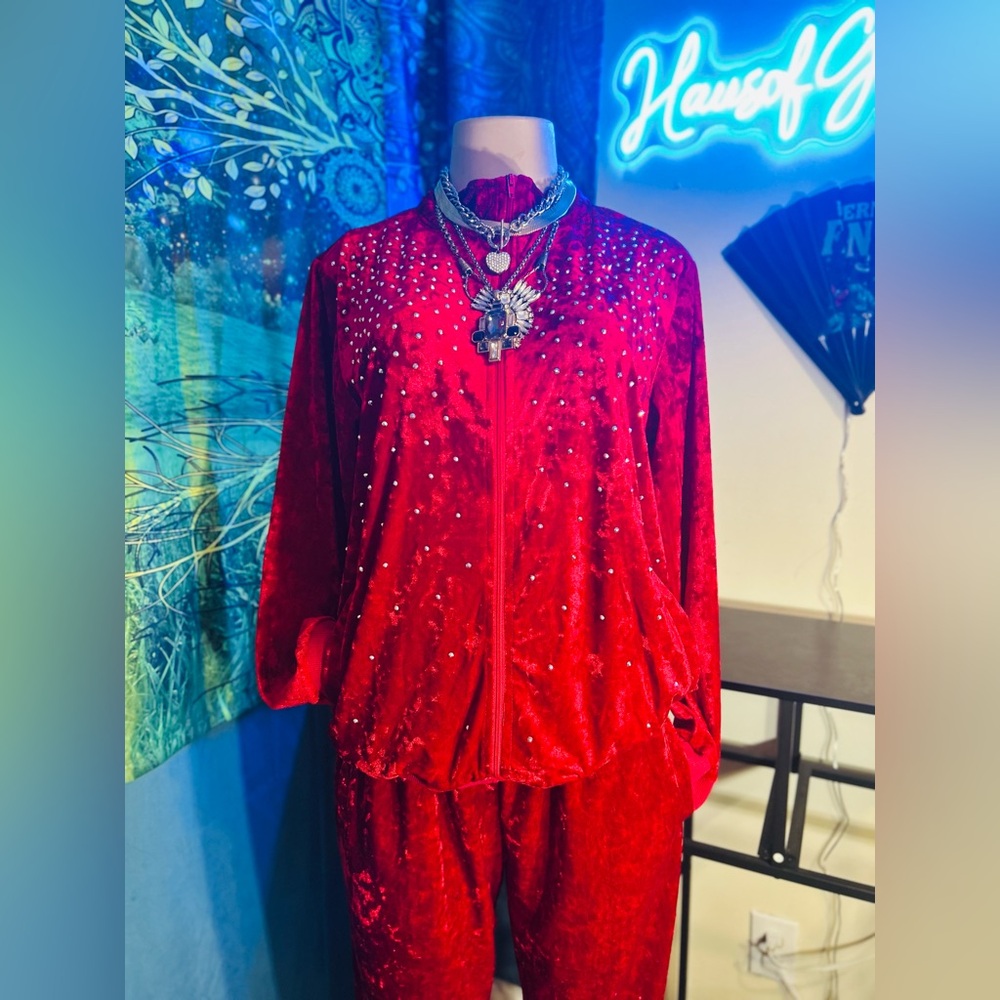 Essentials Red Velour Track Pants & Jacket Set with Rhinestone Embellishments